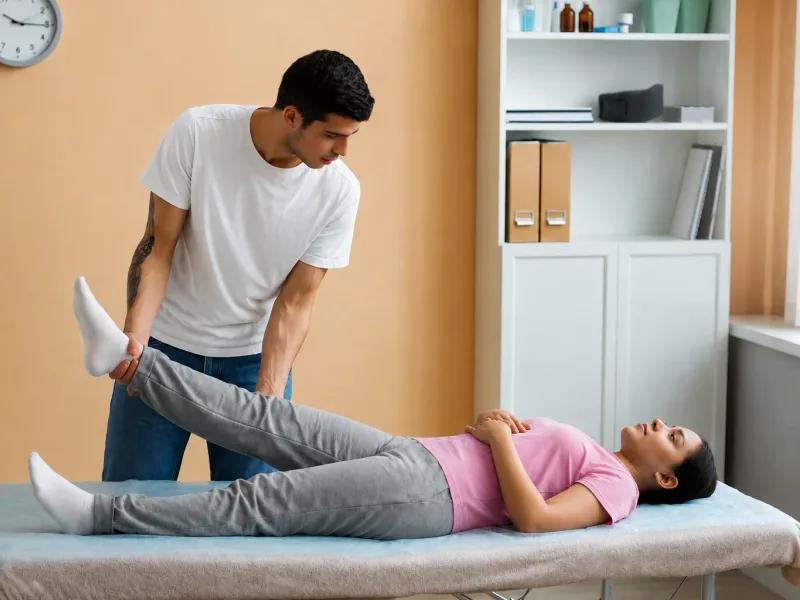 Physical therapist stretching a patient's leg during a post-accident evaluation