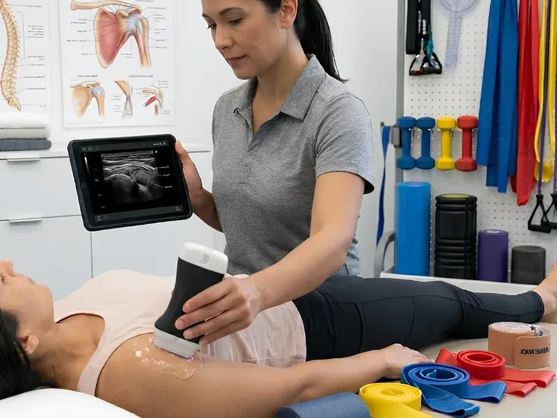 Clinician performing a diagnostic musculoskeletal ultrasound scan in the Richardson clinic
