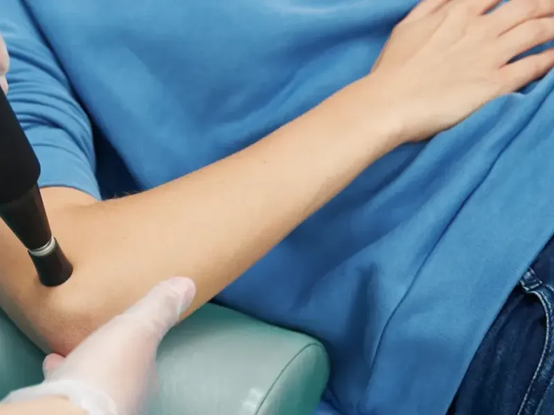 Focused shockwave therapy being applied to a patient