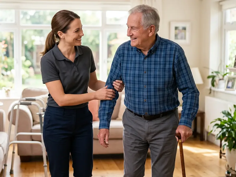 Therapist helping an older adult with balance and walking at home